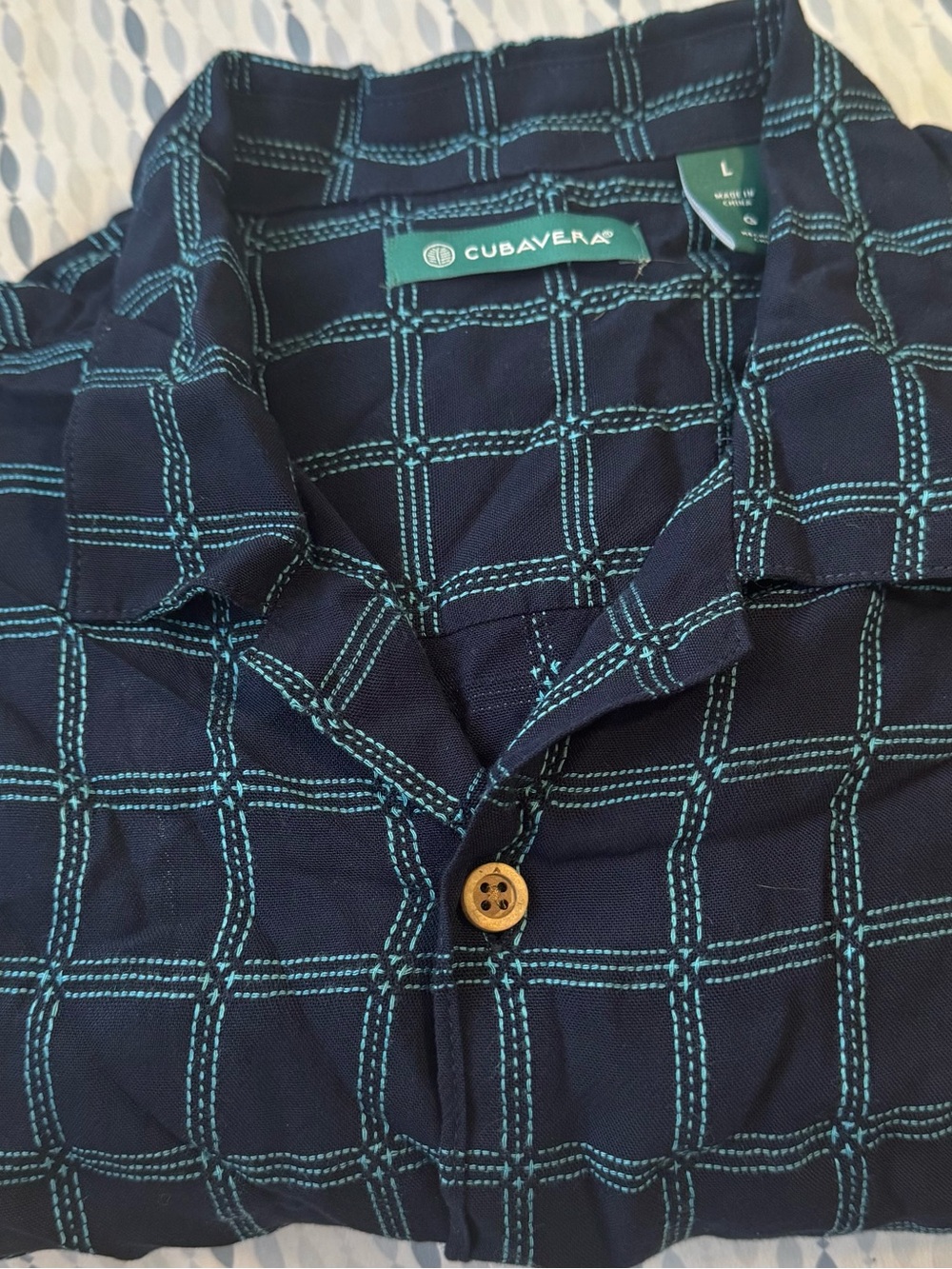 Cubavera Navy Shirt with Teal Windowpane Grid